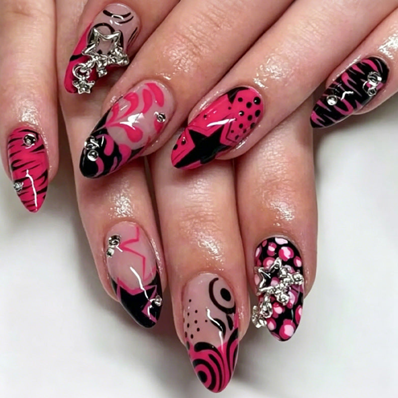 Nail art set with playful patterns and rhinestone embellishments Kalsten