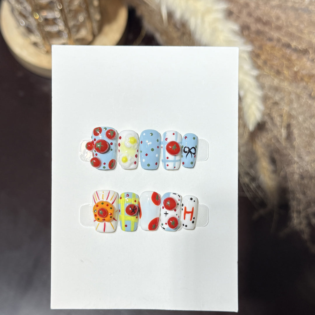 Artistic Press-On Nail Set with Playful Floral and Polka Dot Designs Kalsten