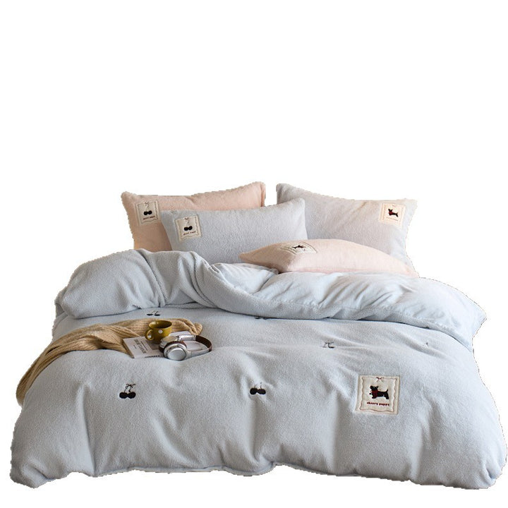 Cozy fleece bedding set with embroidered cherries and appliqués