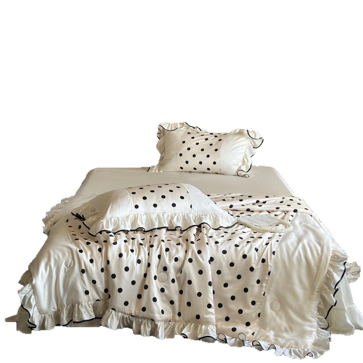 Elegant satin bedding set with polka dot pattern, ruffle and contrasting edge piping