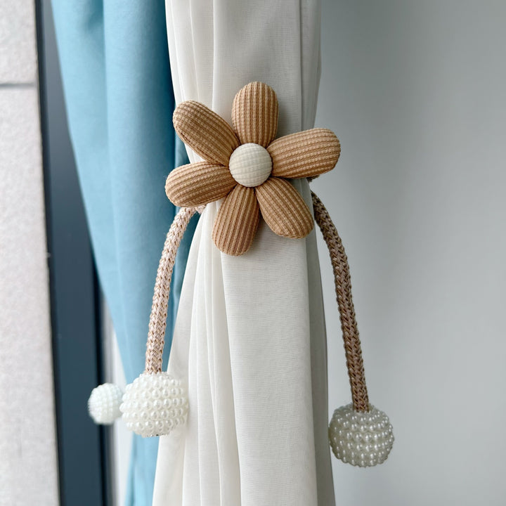 Decorative Fabric Flower Curtain Tieback with Braided Rope and Pearl Pom-Pom Weights