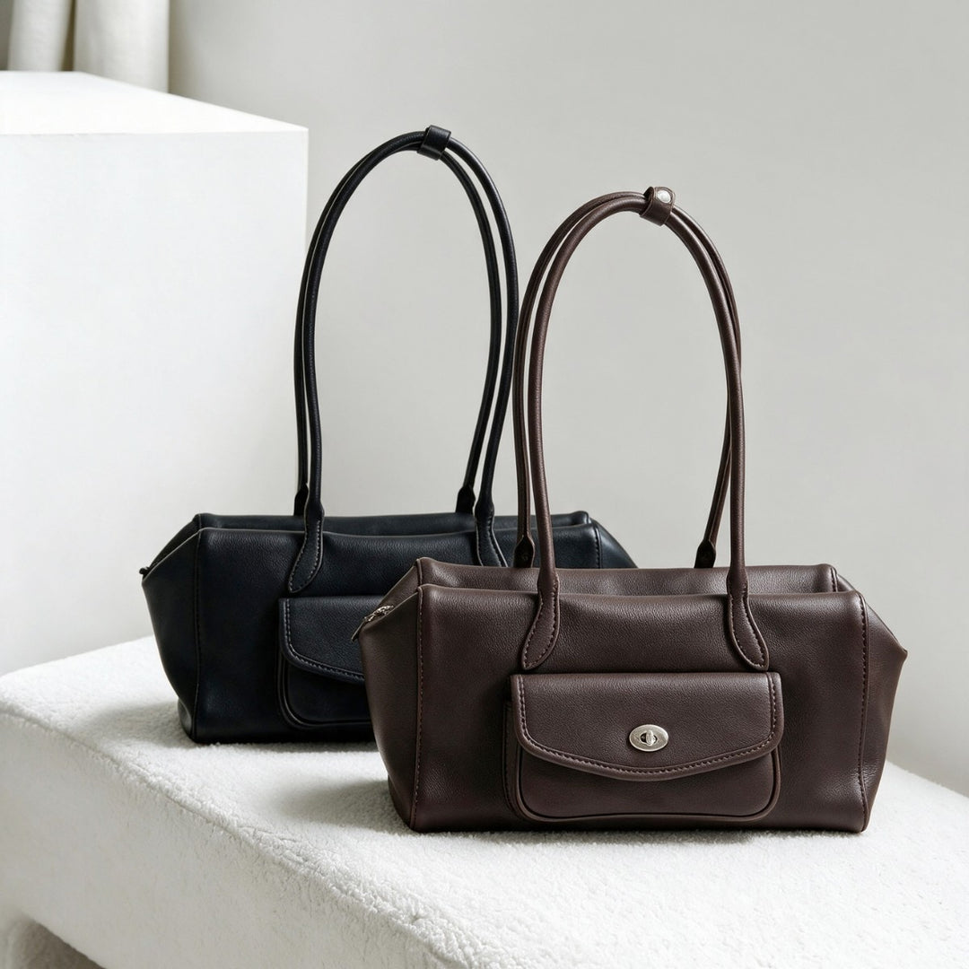 Structured Barrel Tote with Front Turn-Lock Pocket and Double Shoulder Straps