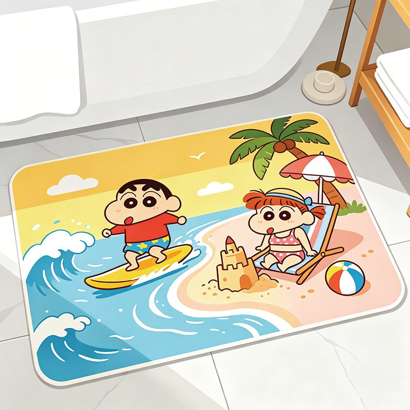 Playful Cartoon Beach-Themed Bath Mat