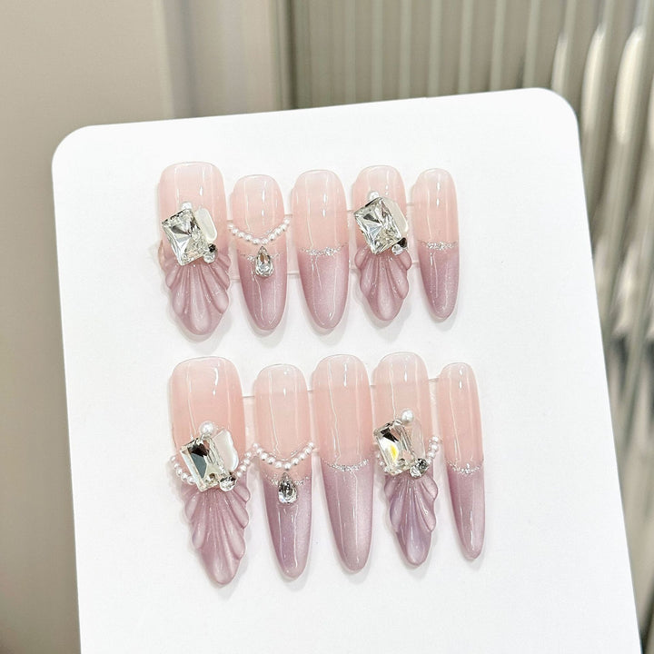 Artistic Floral Press-On Nail Set with Gem Accents