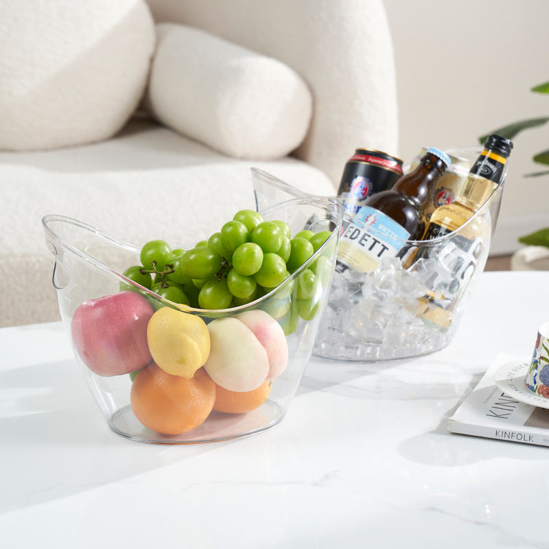 Acrylic ice bucket with handle indentations for bottles