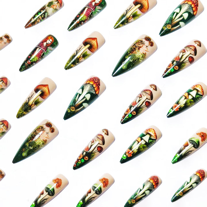 Creative artificial nails with playful fairy and mushroom design Kalsten