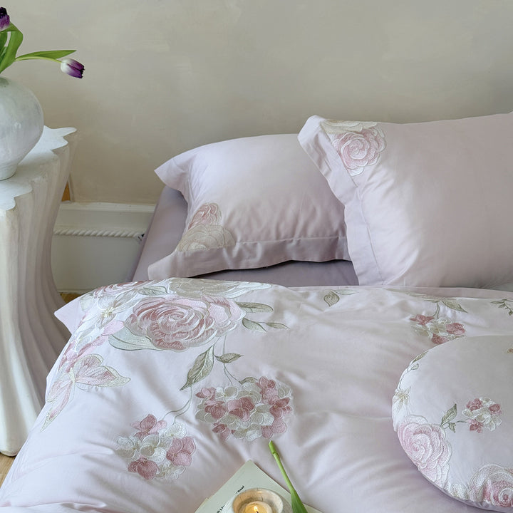 luxurious cotton satin bed linen set with floral embroidery