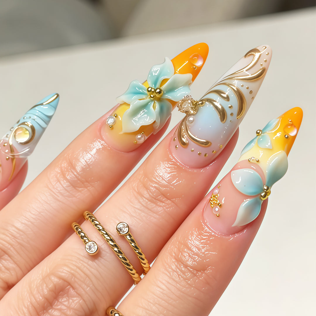Floral Embellished Stiletto Nail Art Kalsten