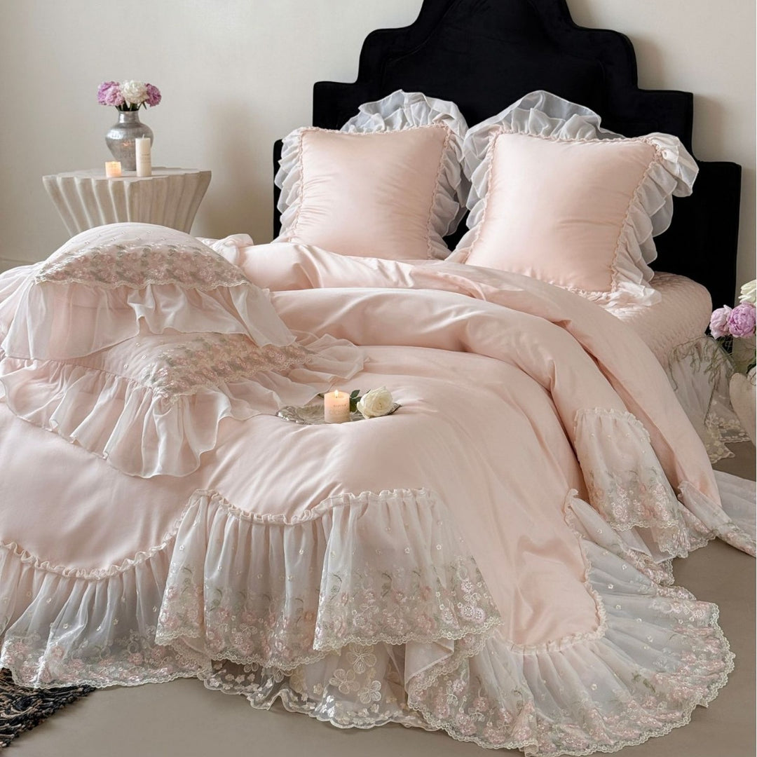 Luxurious romantic bedding set with lace ruffles and embroidered cotton satin