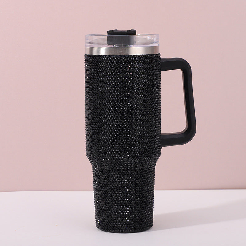 Insulated Stainless Steel Rhinestone Travel Tumbler With Ergonomic Handle And Spill-Resistant Lid