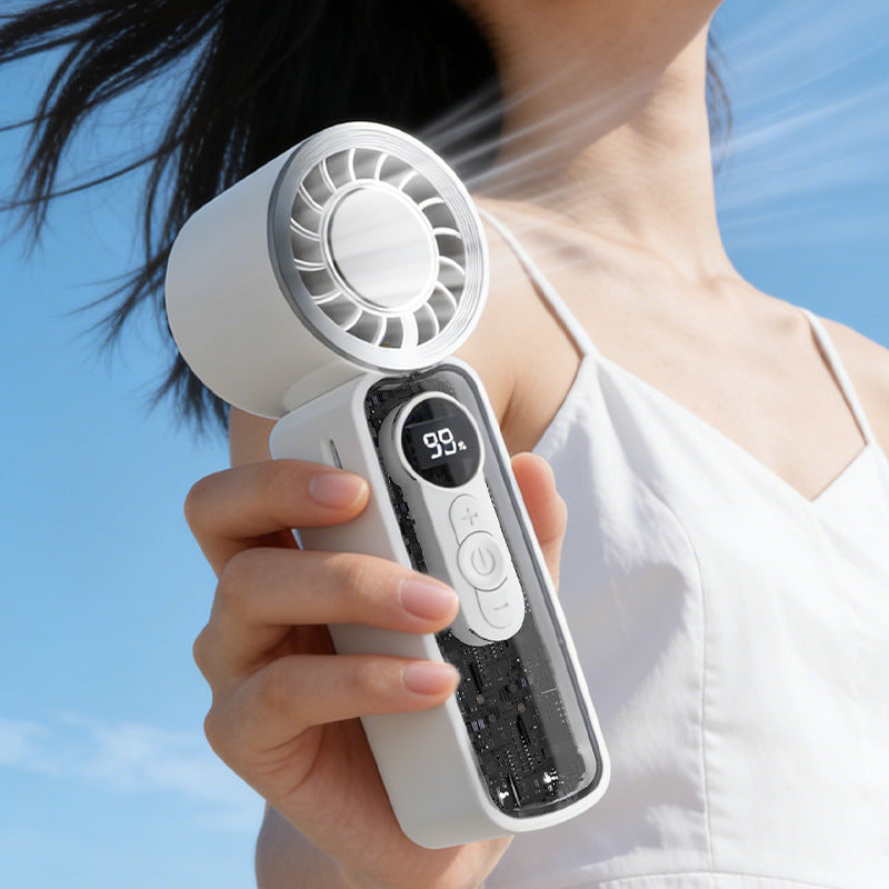 Cooling bladeless micro-turbine handheld fan with OLED battery display and fold-out stand Kalsten