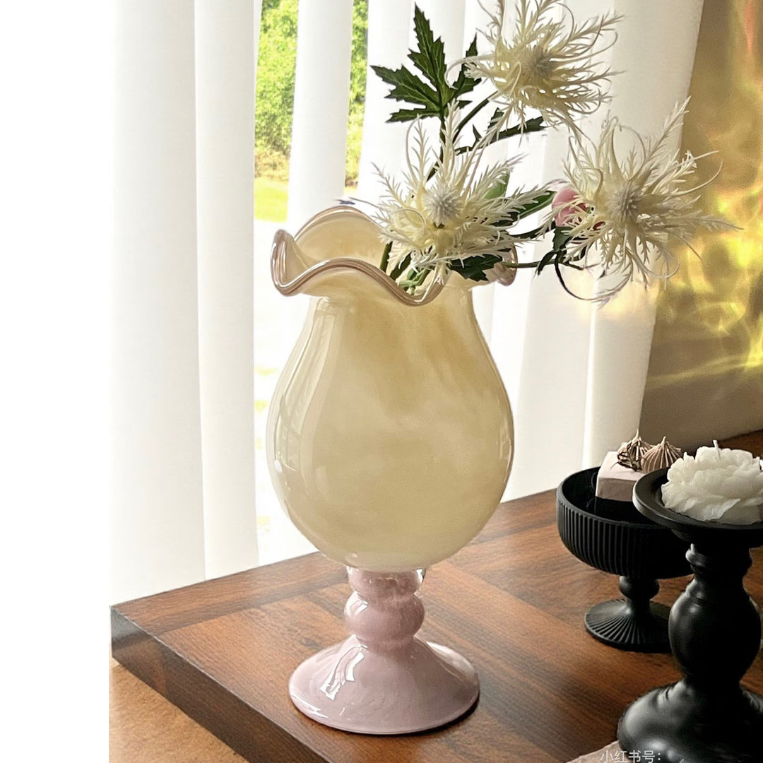Decorative Ruffled Glass Table Vase with Turned Pedestal Kalsten