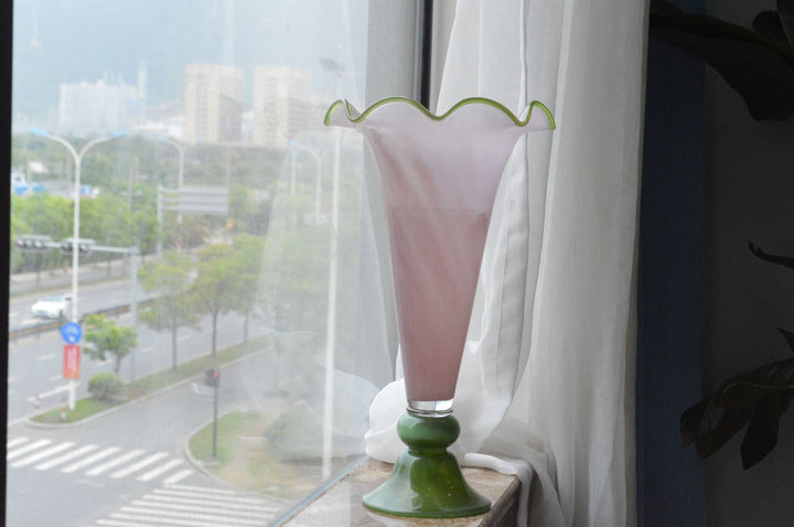 Handblown Fluted Pedestal Art Glass Trumpet Vase Kalsten
