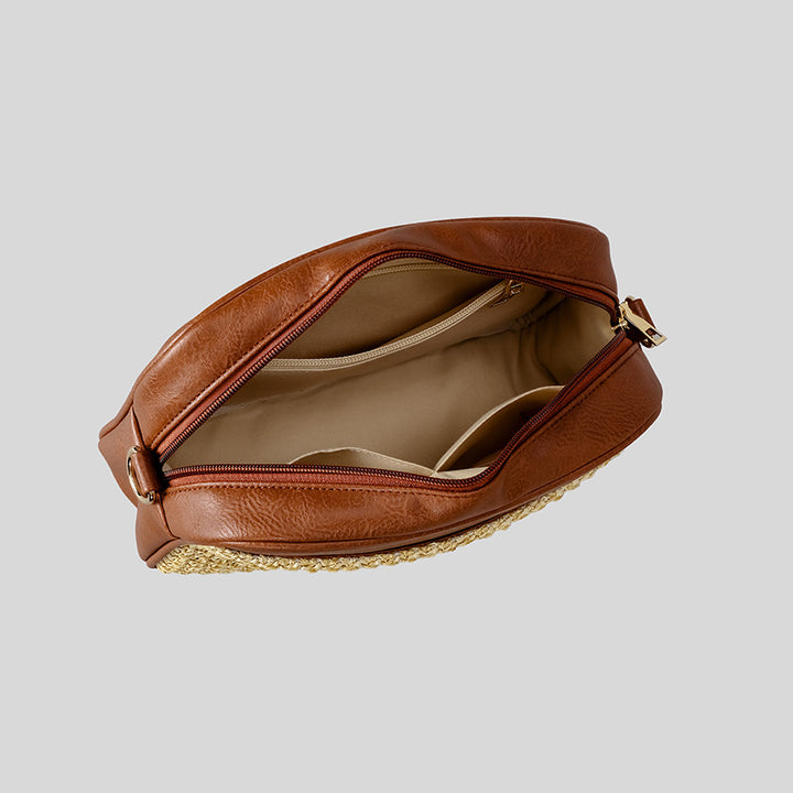 Stylish Crossbody Bag with Woven Straw and Leather Accents