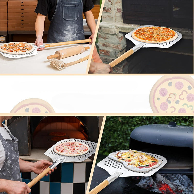 long-handled perforated pizza peel set with wooden handle stainless steel cutter and triangle server Kalsten
