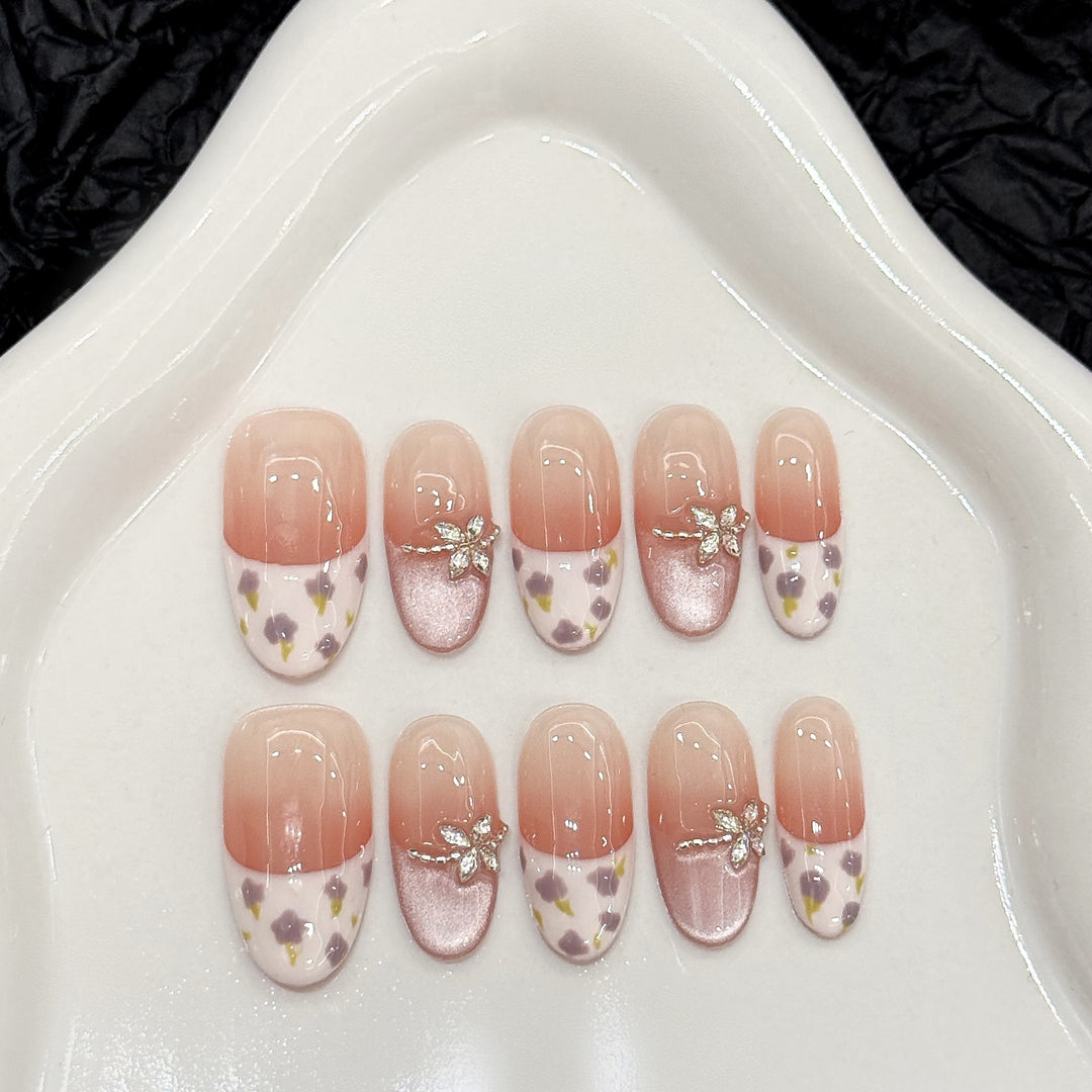 Artistic Floral Press-On Nail Art Set with Glittering Accents