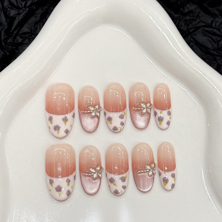 Artistic Floral Press-On Nail Art Set with Glittering Accents