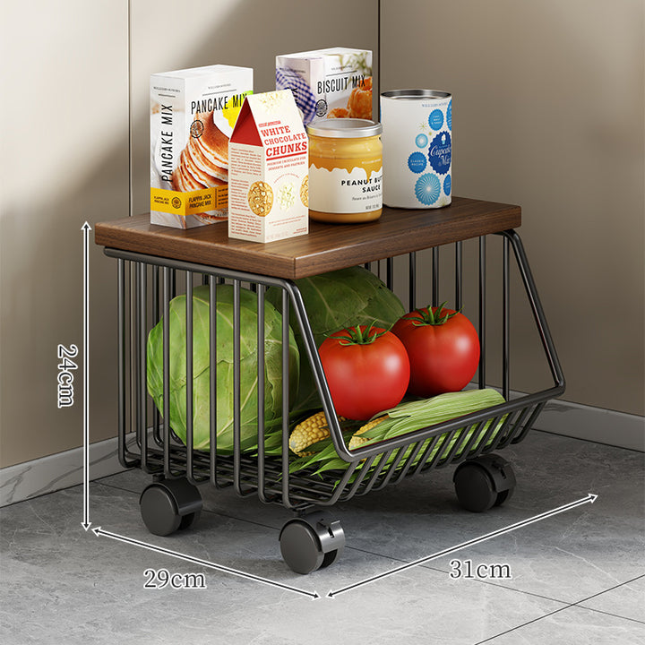 Countertop Wooden Top Metal Wire Fruit and Vegetable Storage Rack