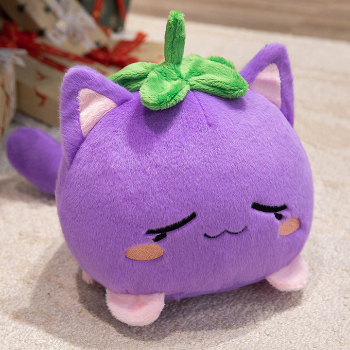 Kawaii Round Cat-Fruit Plush Pillow with Leaf Top and Squishy Bean-Fill Cuddle Companion Kalsten