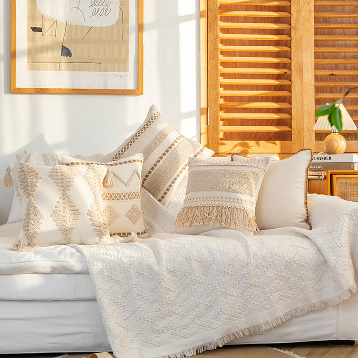 Decorative Bohemian Fringe Throw Pillow Cushion with Textured Macramé Trim