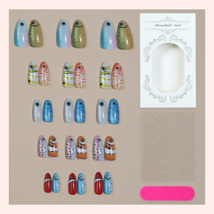 Creative nail art set with colorful animal motifs and glitter accents Kalsten