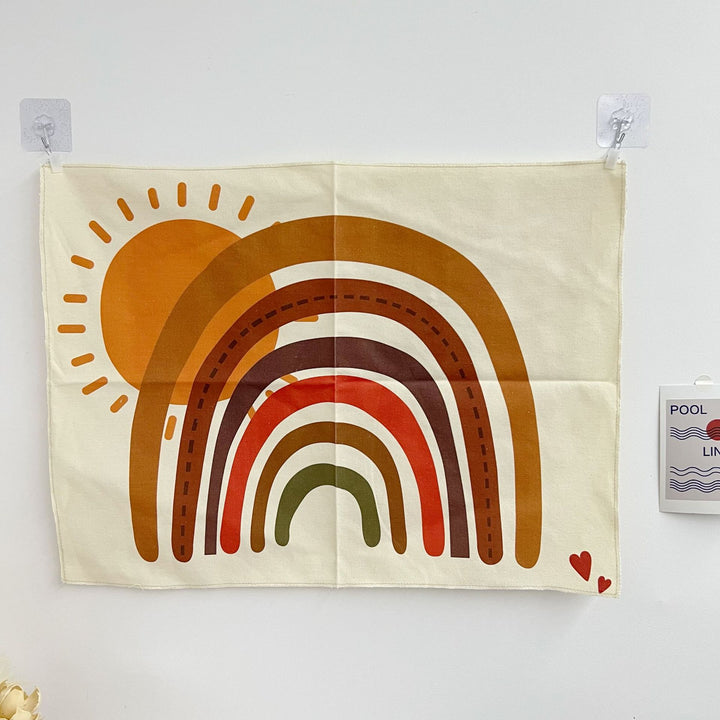 Retro Boho Rainbow Cotton Wall Tapestry with Sun Motif