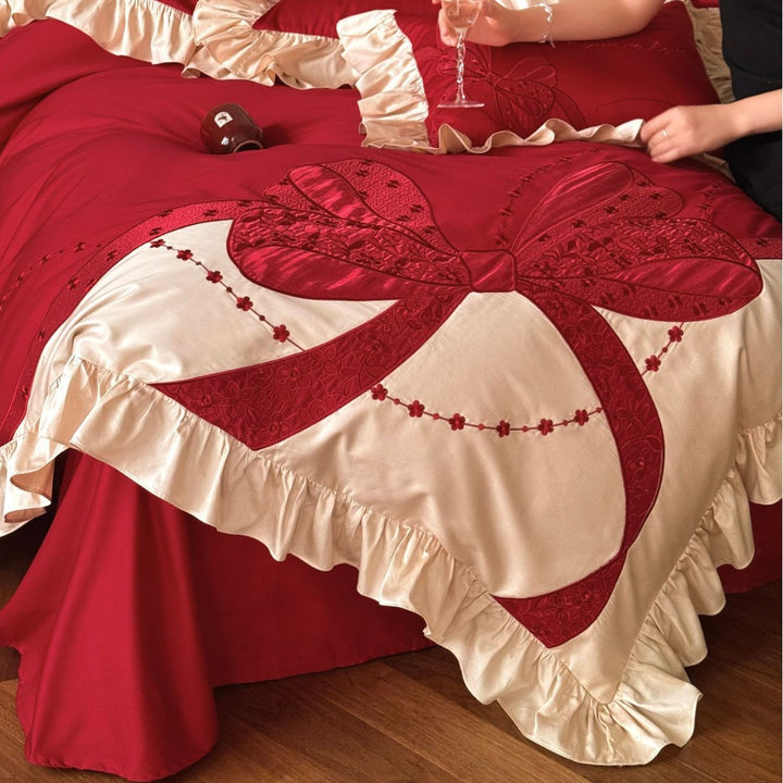 Premium Satin Bed Set with Ruffle Frill and Appliquéd Bow Embroidery Kalsten