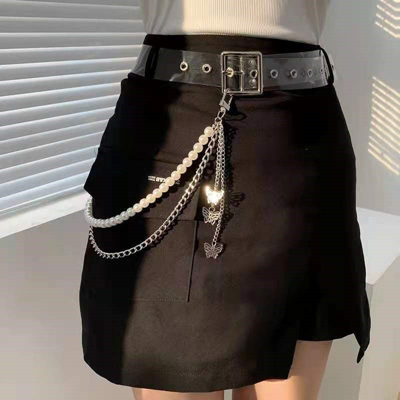 Fashionable belt with pearl and chain pendants Kalsten