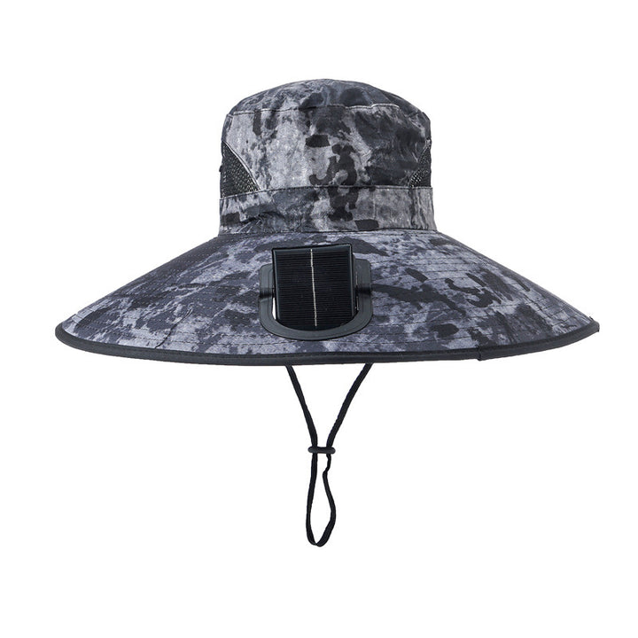 Wide-brimmed outdoor sun hat with solar-powered micro fan, breathable mesh and adjustable chin strap Kalsten