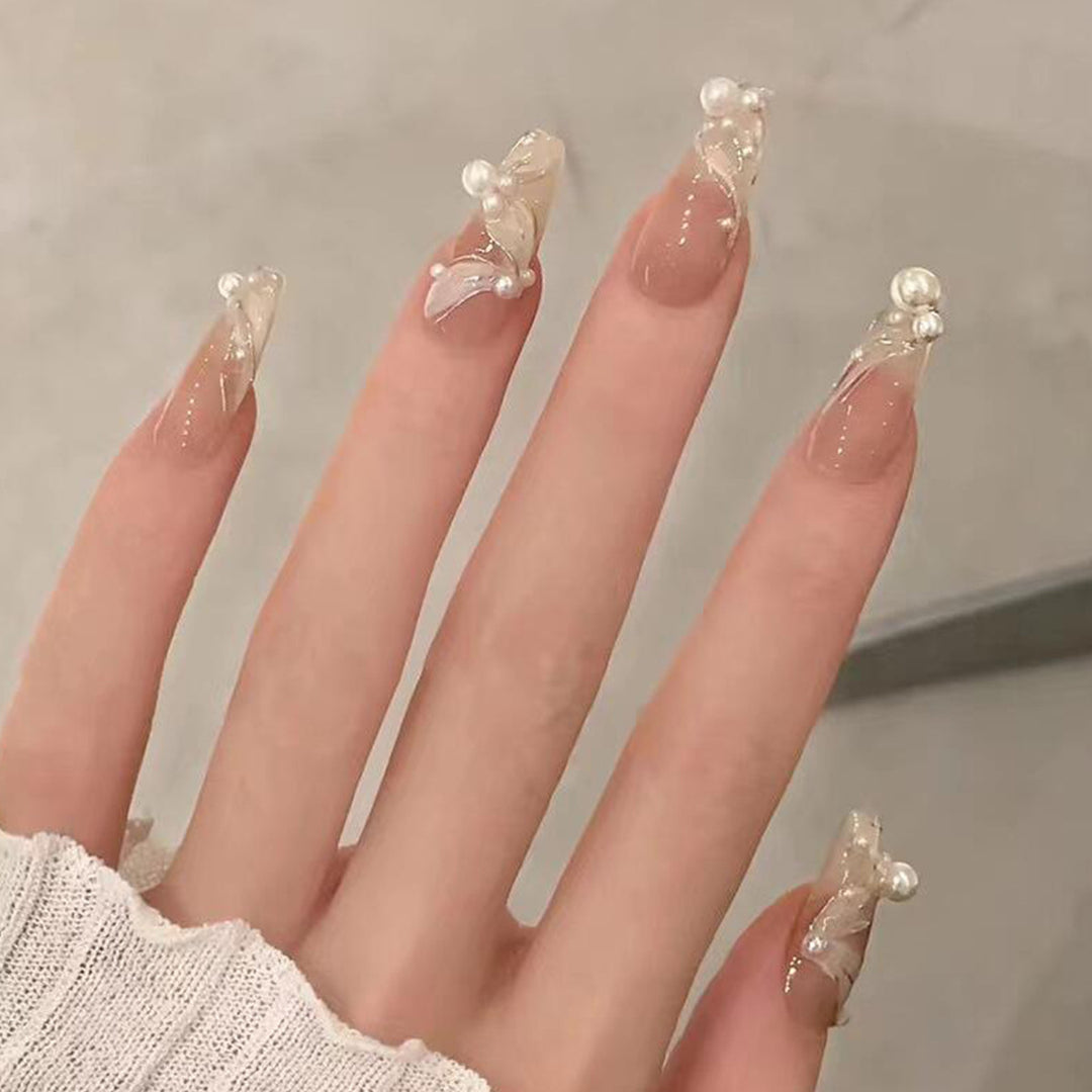 Elegant Pearl-Embellished Acrylic Nail Extensions