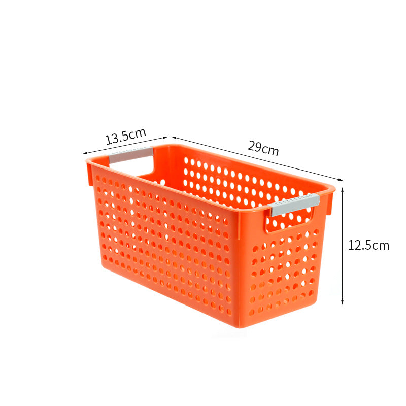 Flat plastic storage box with perforated side wall and grip recesses