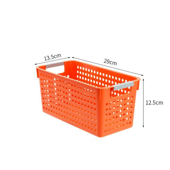 Flat plastic storage box with perforated side wall and grip recesses