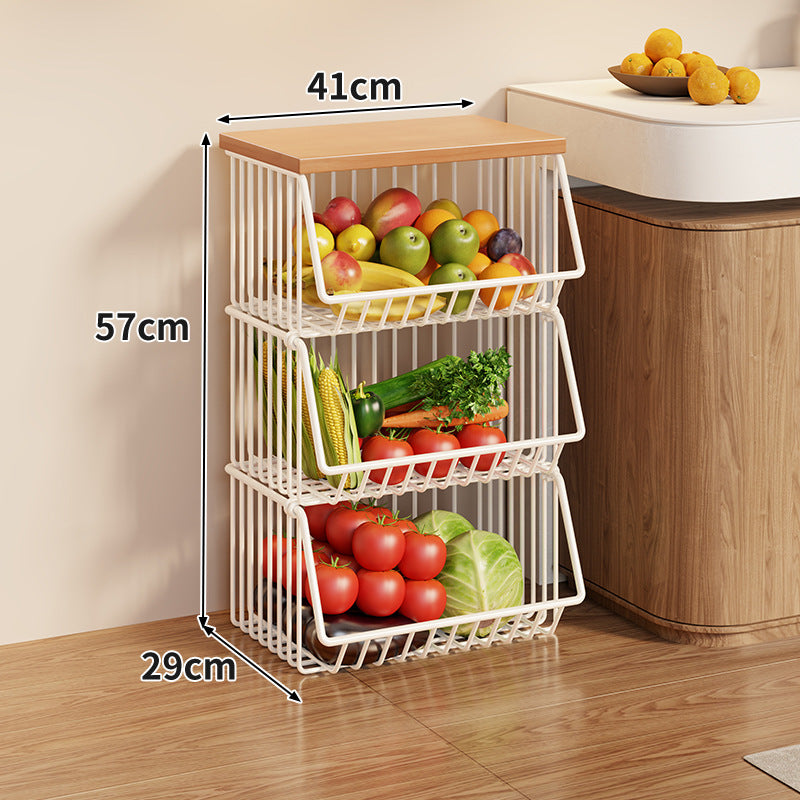 Compact Triple-Tier Rolling Wire Vegetable and Fruit Storage Cart with Wooden Top