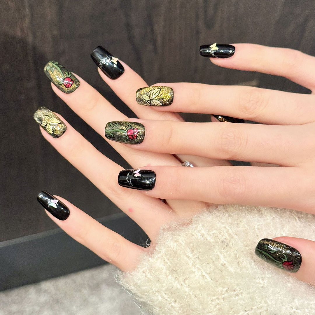 Artistic Floral Press-On Nail Set with Glitter Accents