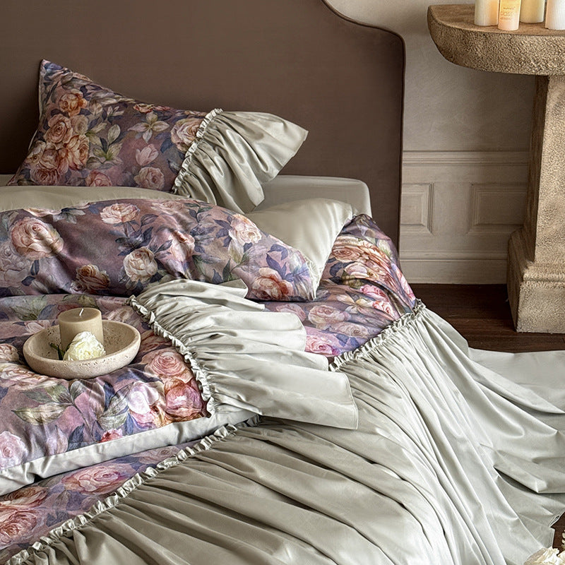 Bedding set made of cotton satin with lavish frills and floral watercolor print