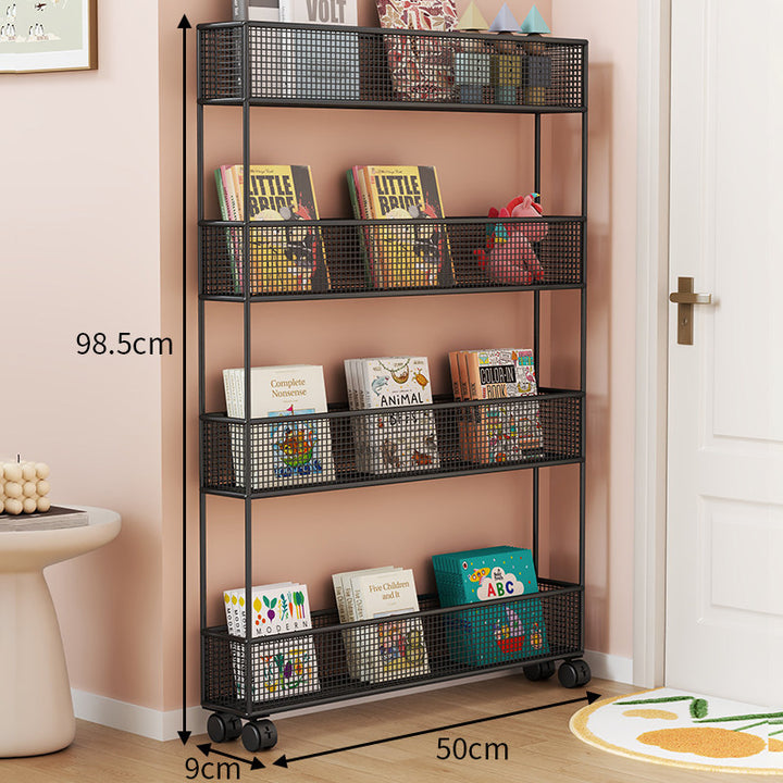 Industrial Metal Mesh Four-Tier Narrow Bookshelf Organizer
