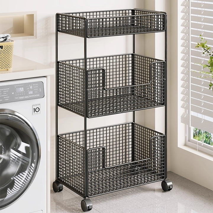 Compact Triple-Tier Wire Mesh Rolling Utility Cart with Locking Casters
