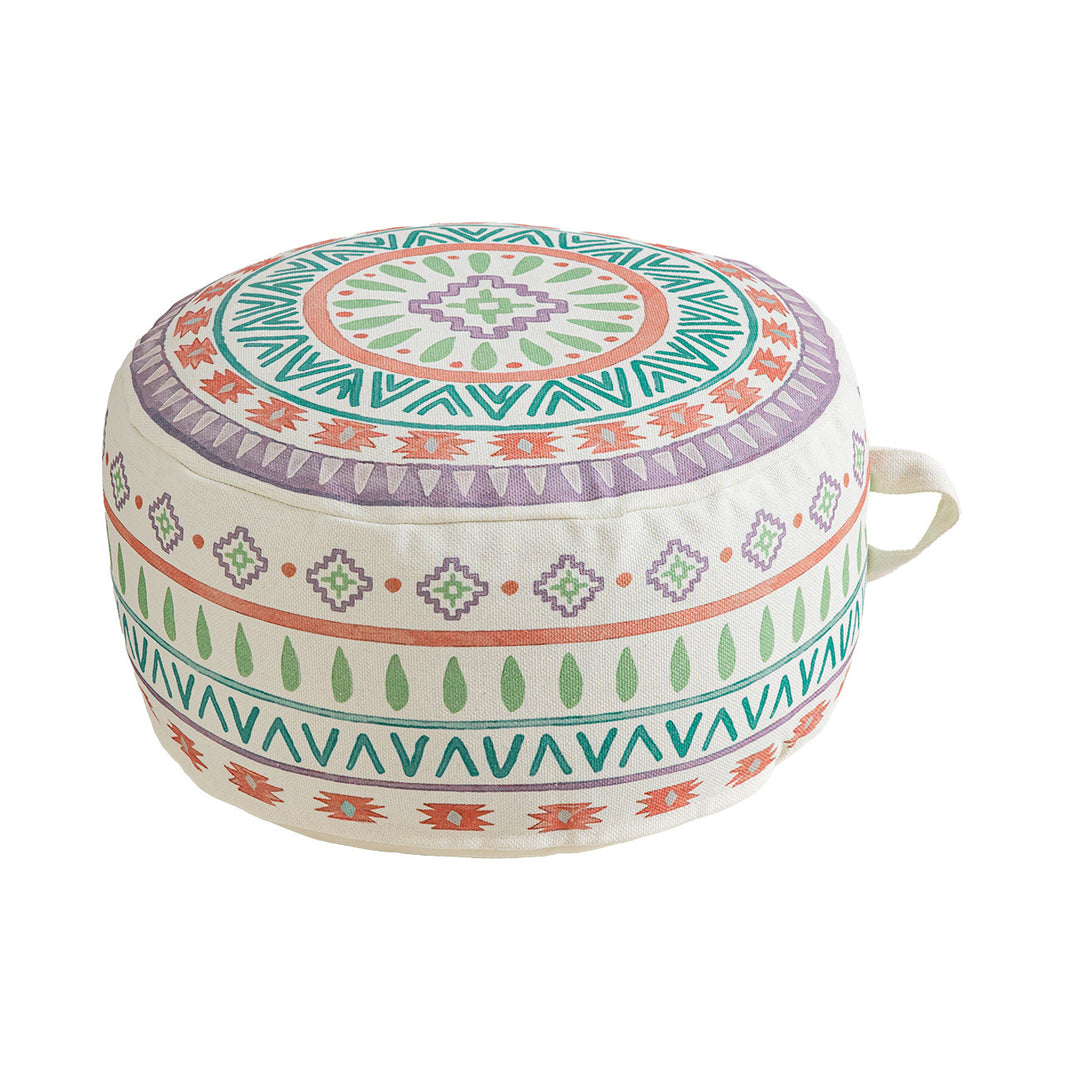 Round seat pouf with woven cotton cover and ethnic mandala print Kalsten
