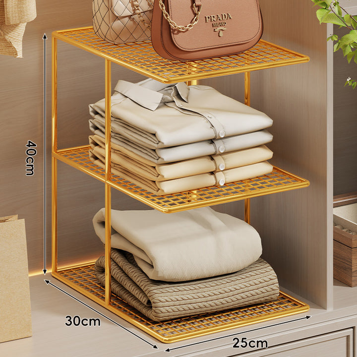 Triple-Tier Grid Mesh Closet Shelf Organizer with Stackable Modular Design