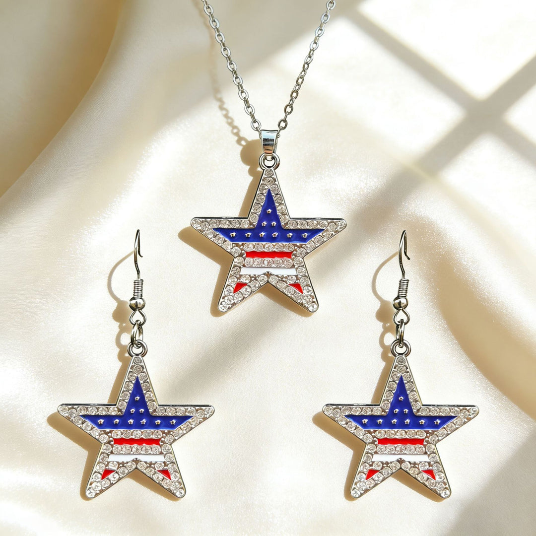 Women's patriotic jewelry set flip-flop pendant necklace and earrings with enamel and crystal embellishment Kalsten