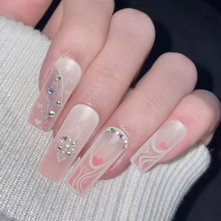 Decorative Press-On Nail Set with Heart and Gem Accents Kalsten