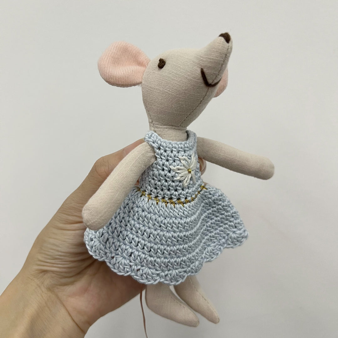 Handcrafted Cotton Plush Mouse Doll with Crocheted Dress