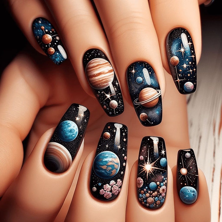 Artificial nails with galactic motifs Kalsten