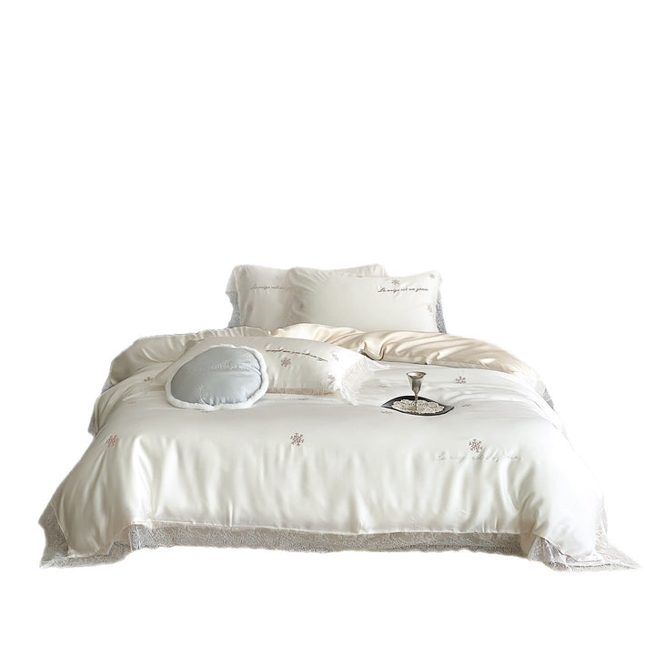 Luxurious satin bedding set with lace trim and snowflake embroidery