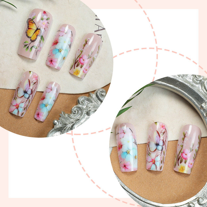 Artificial nail set with floral motifs and butterfly design Kalsten