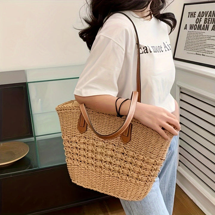 Natural basket bag with elegant leather handles Kalsten
