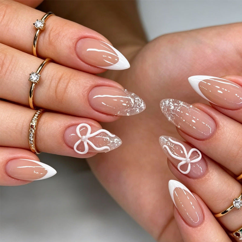 Elegant Press-On Nail Set with Bow and Glitter Accents