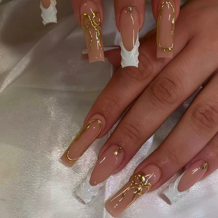 Artistic 3D Press-On Nail Set with Decorative Gold Accents Kalsten