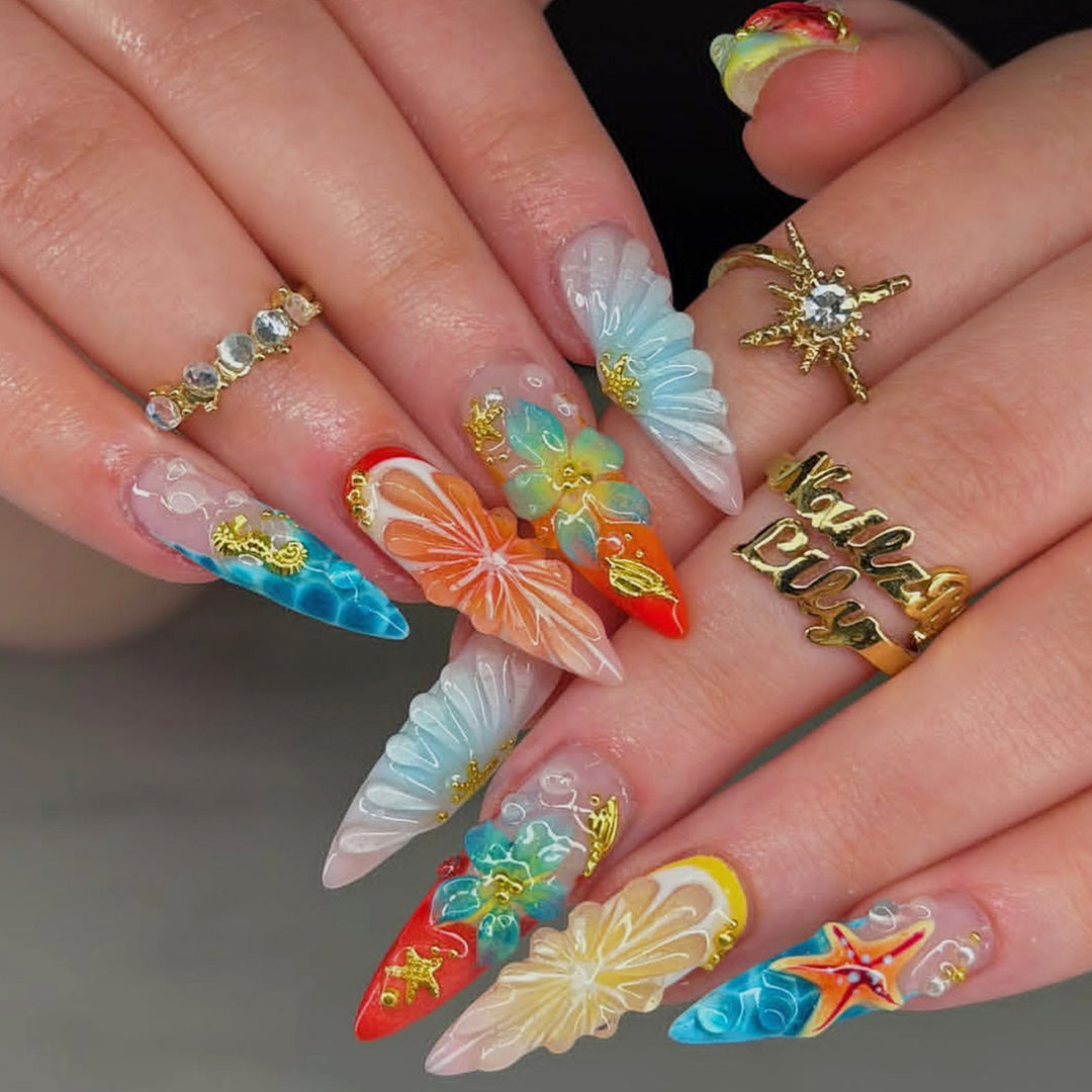 Artistic Floral and Ocean-Themed Press-On Nail Art Set kalsten