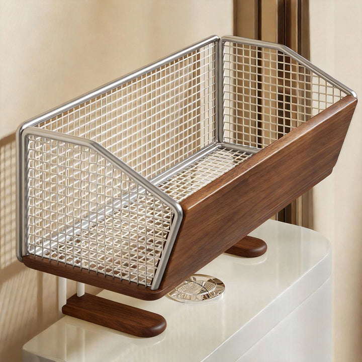Elevated Mesh Bathroom Countertop Organizer Basket with Wood-Front and Chrome Frame